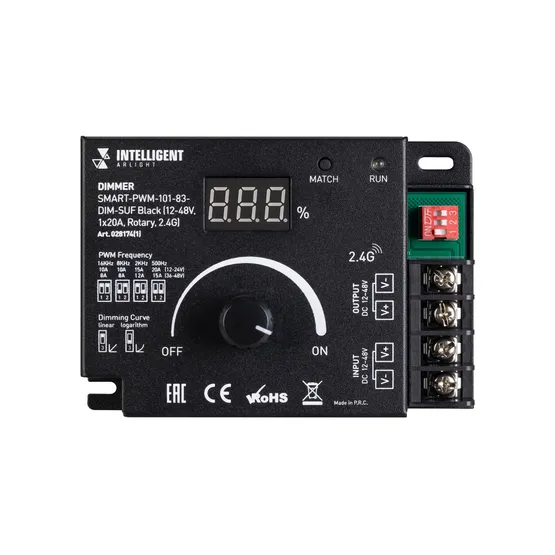Фото #3 товара INTELLIGENT ARLIGHT Диммер SMART-PWM-101-83-DIM-SUF Black (12-48V, 1x20A, Rotary, 2.4G) (IARL, IP20 Металл, 5 лет)