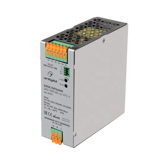 Фото товара Блок питания ARV-DRP480-24-PFC-Y (24V, 20A, 480W) (Arlight, IP20 Металл, 5 лет)