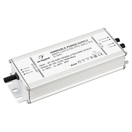 Фото #1 товара Блок питания ARPV-UH12150-PFC-DALI-PH (12V, 12.5A, 150W) (Arlight, IP67 Металл, 7 лет)