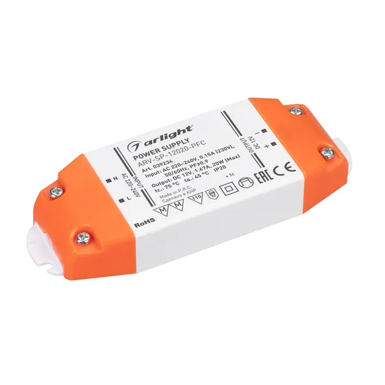 Фото товара Блок питания ARV-SP-12020-PFC (12V, 1.67A, 20W) (Arlight, IP20 Пластик, 5 лет)